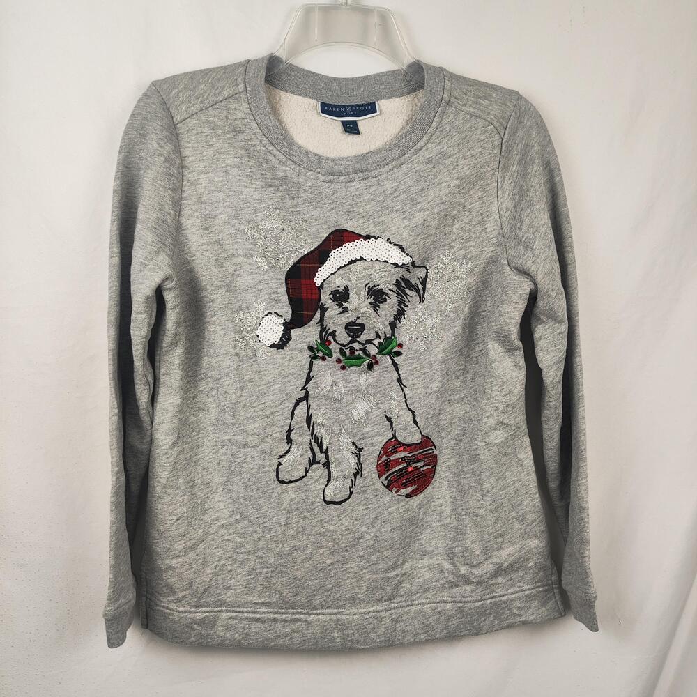Karen Scott Sweatshirt Womens Petite Small Gray Fleece Dog Christmas Graphic